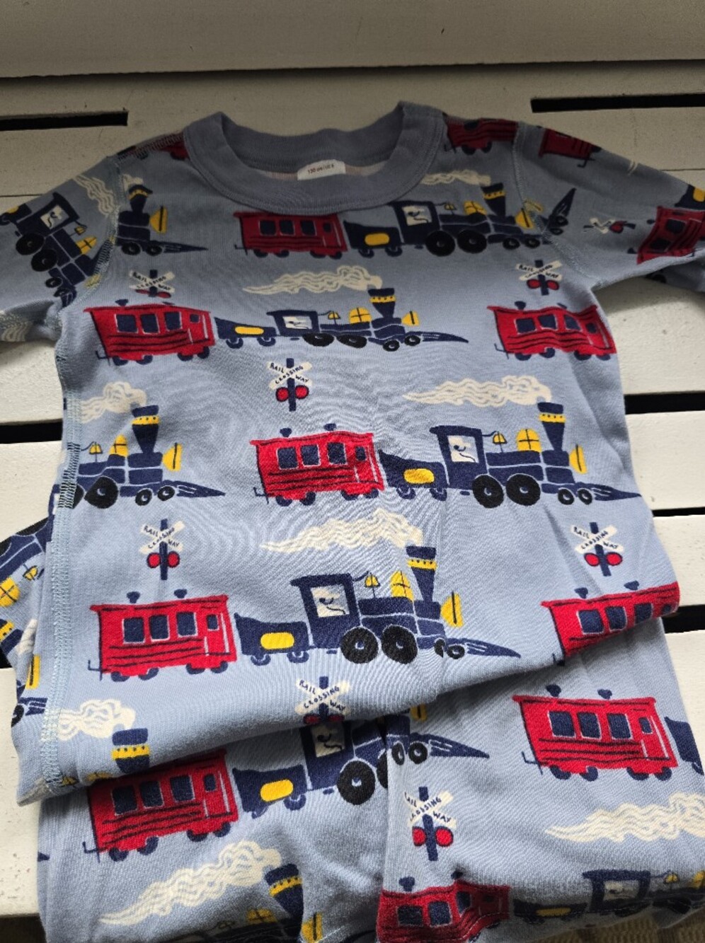 Hanna Andersson Light Blue Train Pajama Set with Red and Navy Cars